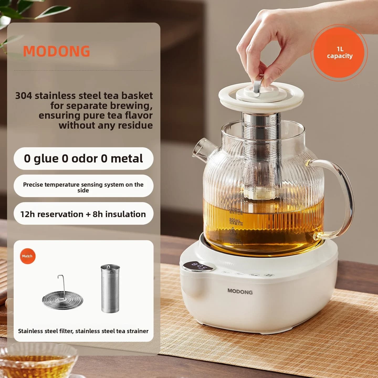 Elektromos üveg egészségfőző, hőmérséklet-szabályozással és teafőzővel