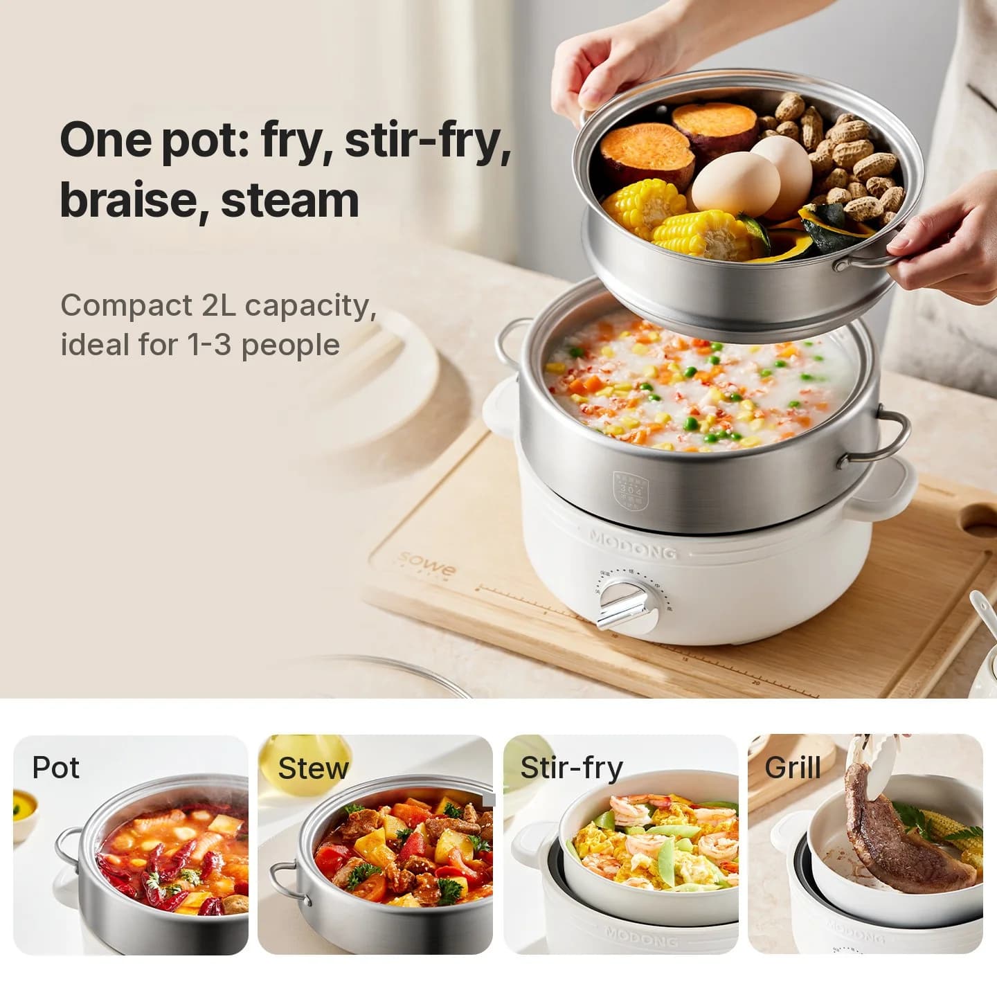 Osztott elektromos hot pot, rozsdamentes acél, 2L, 3 hőfokozat