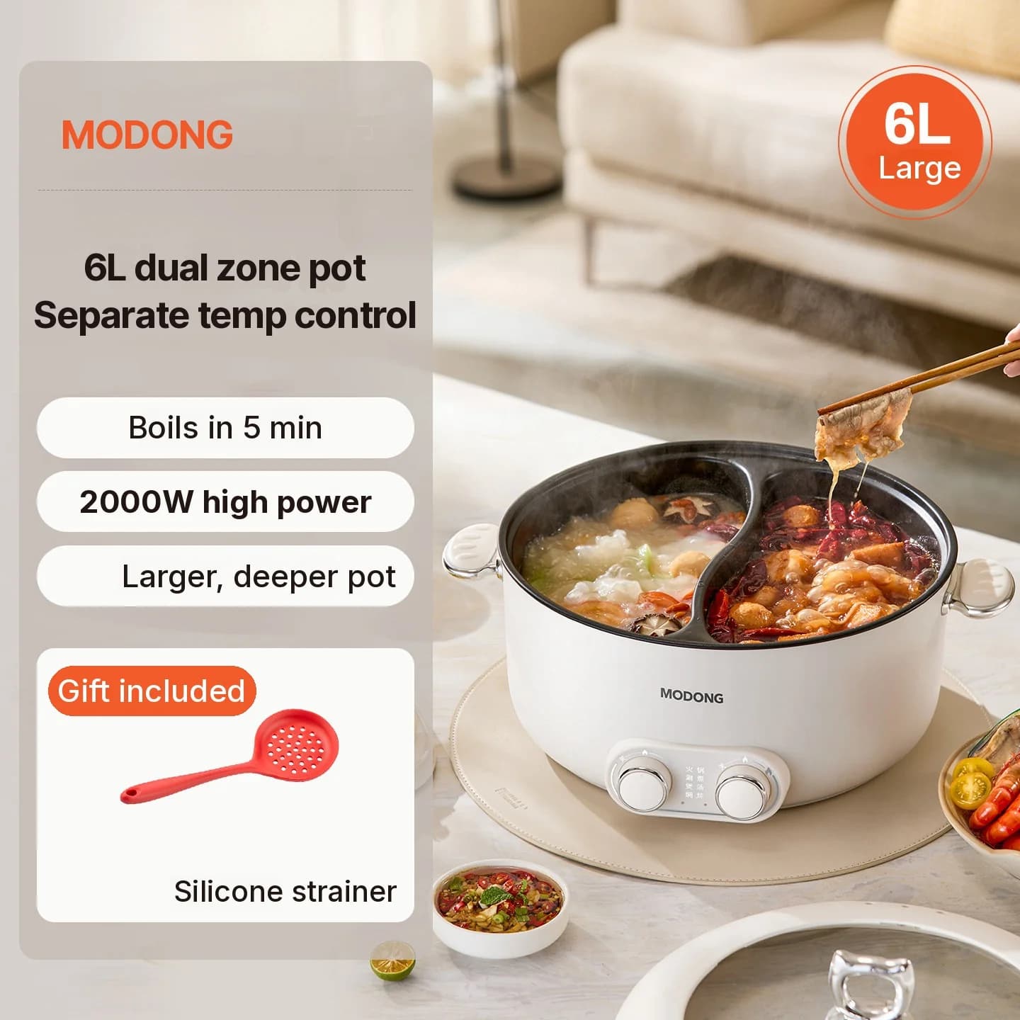 6L kétzónás elektromos hot pot, független hőmérséklet-szabályozással