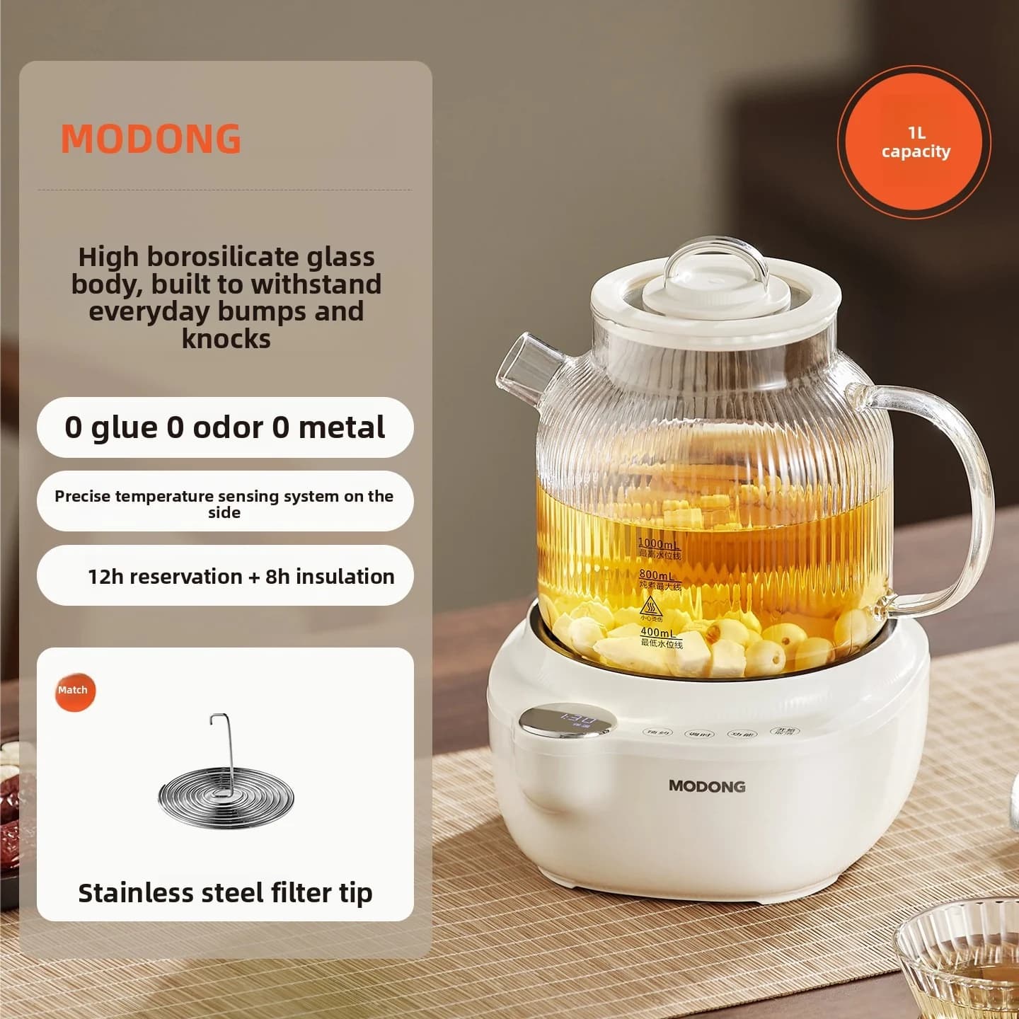 Elektromos üveg egészségügyi fazék hőmérséklet-szabályozással és teaszűrővel