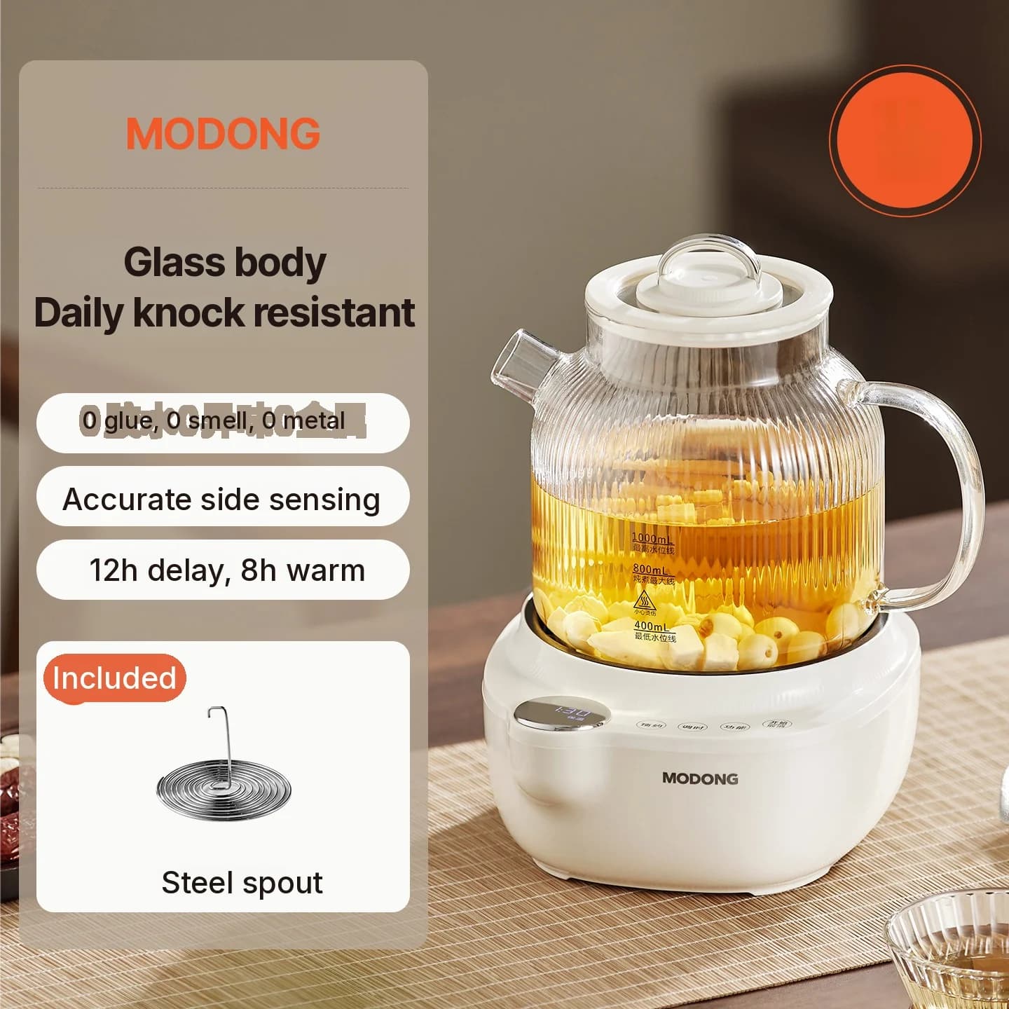 Üveg elektromos teafőző hőmérséklet-szabályozással, 1L