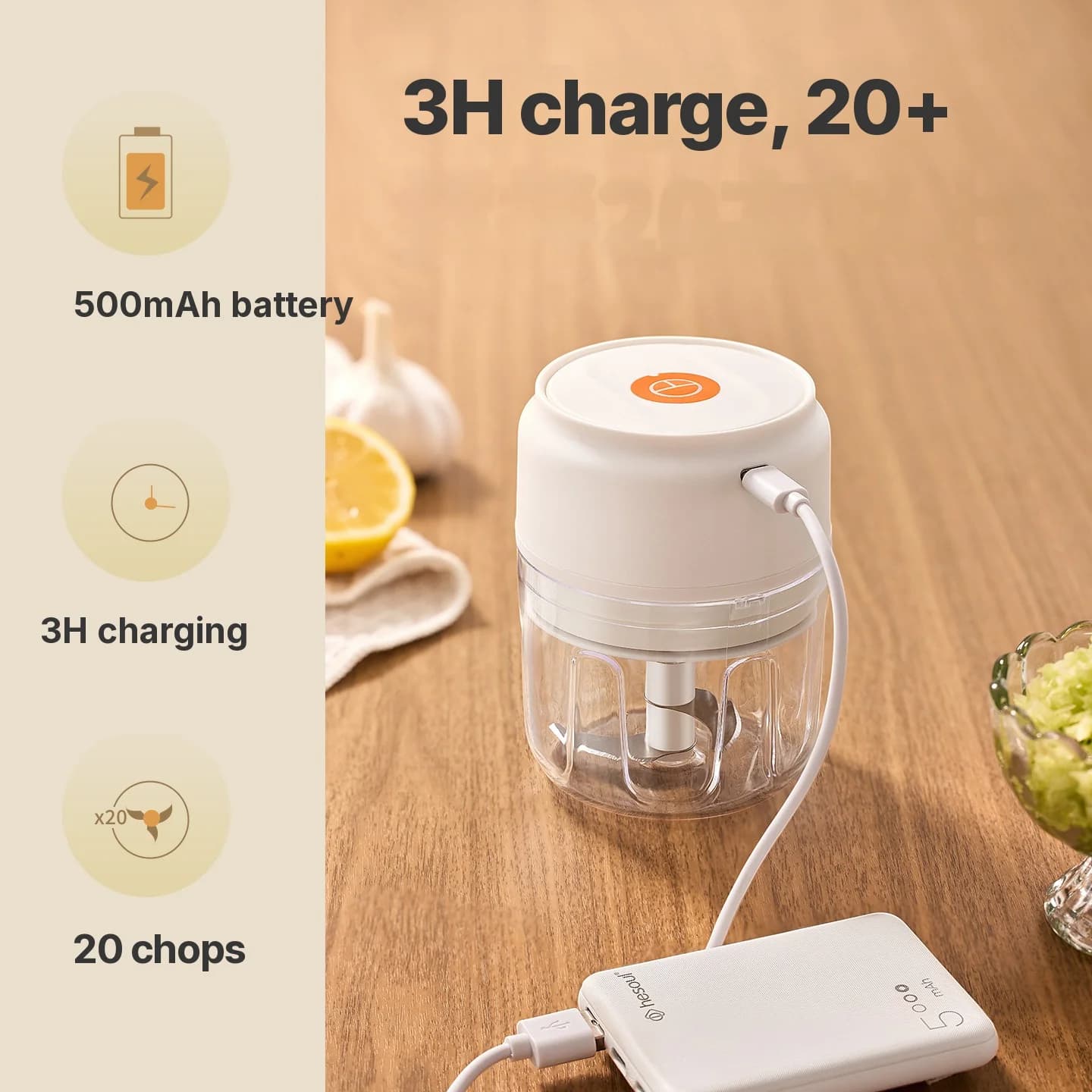 Vezeték nélküli elektromos fokhagymaaprító pohár 250 mL 5 V 30 W műanyag