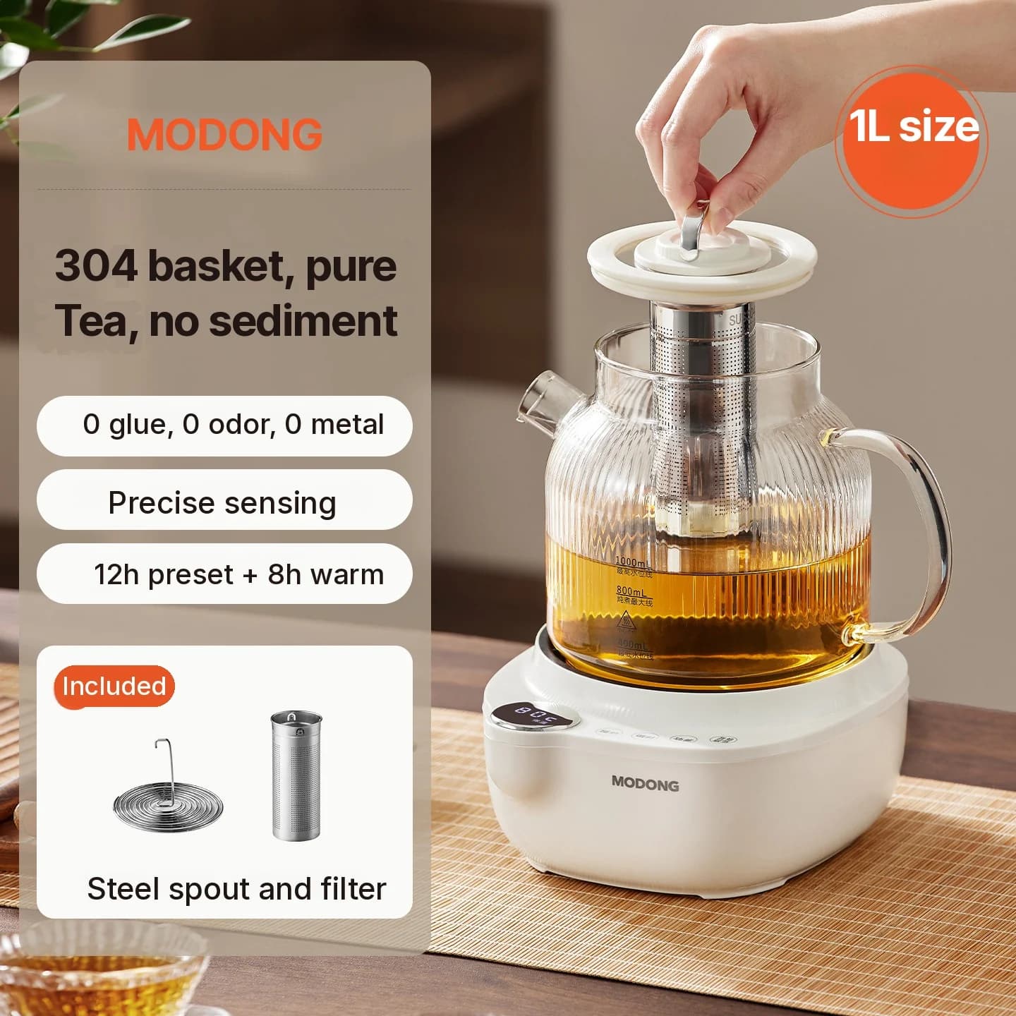 Üveg elektromos teavízforraló hőmérséklet-szabályozással, 1L